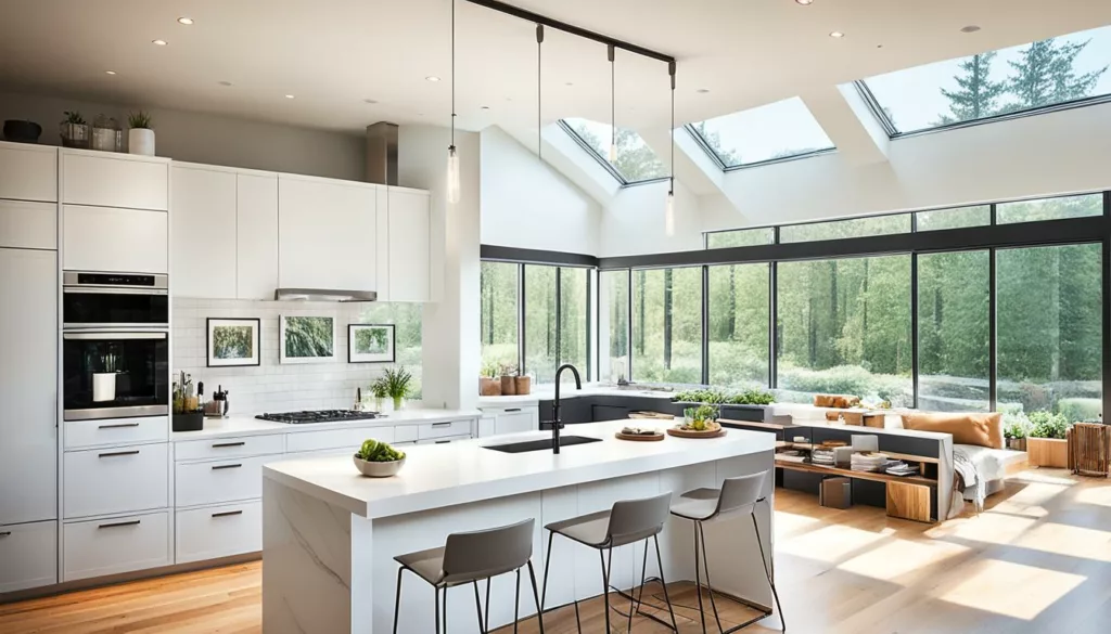 Small kitchen with skylights